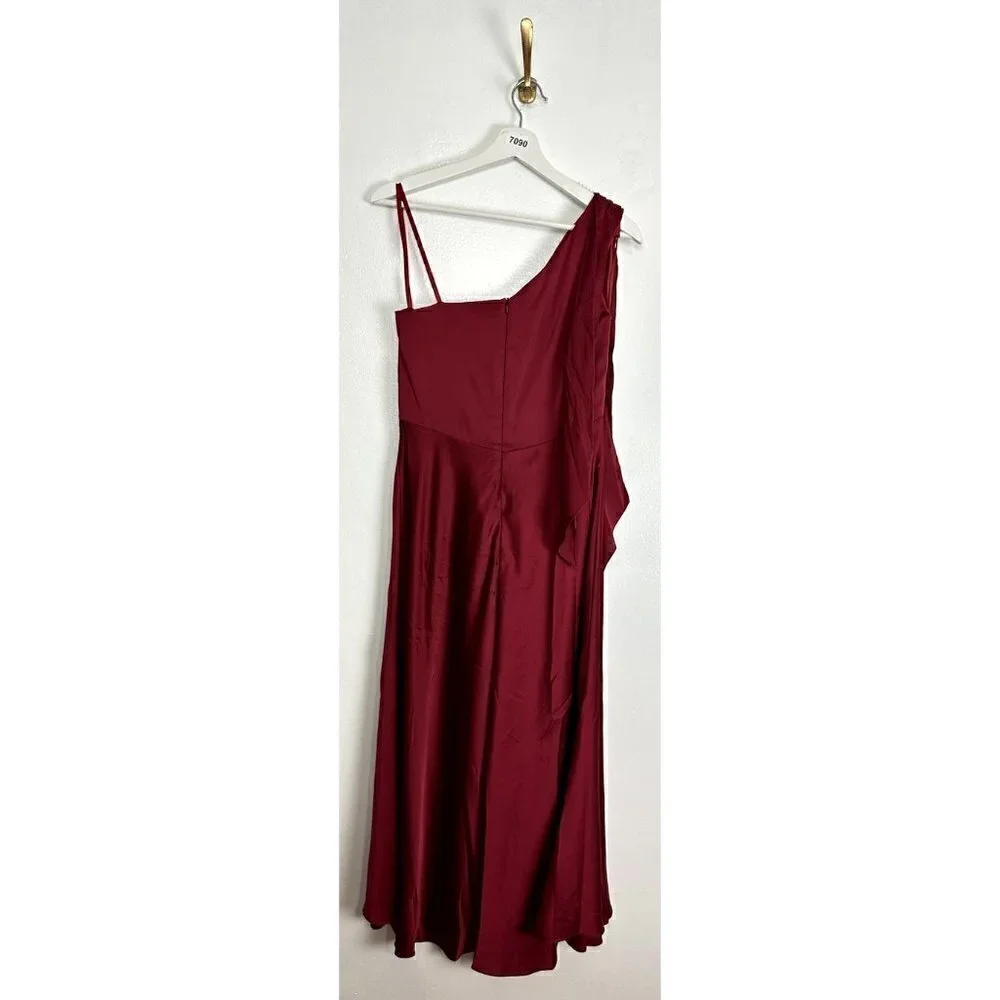 MAC DUGGAL One-Shouder Bow Satin Midi A-Line Dress in Deep Red Size US 8